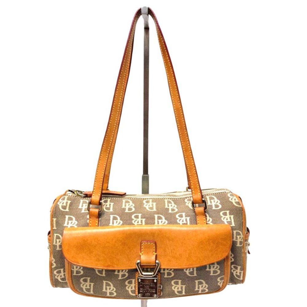 Dooney & Bourke Zip Top Jacquard Logo Pinch Front Lock Shoulder Bag Gray Brown